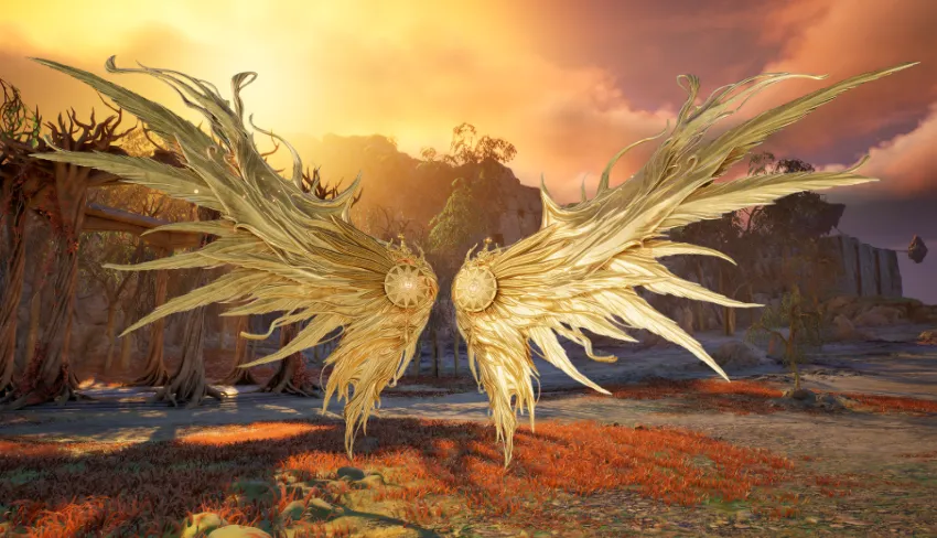 Back view of the Blazing Sun Wings from the AION 2 Global Ultimate Founder's Pack