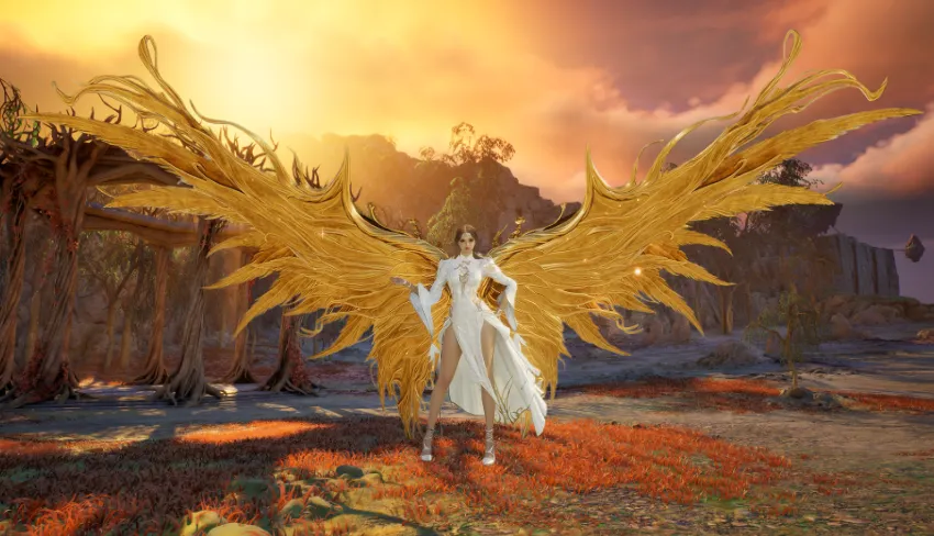 Front view of the Blazing Sun Wings from the AION 2 Ultimate Founder's Pack