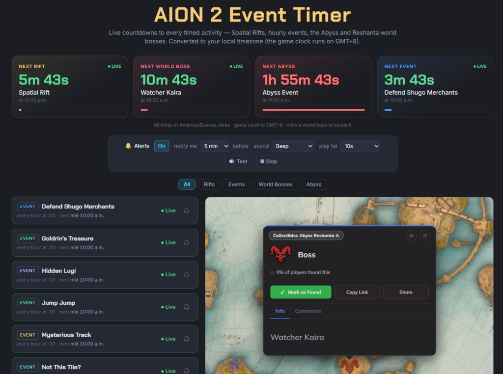 AION 2 Event Timer con cuenta regresiva para rifts, bosses y eventos programados